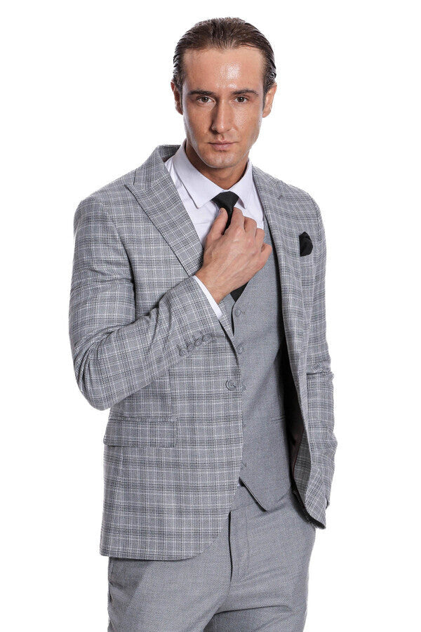 Traje de hombre gris claro de corte entallado y cuadros - Wessi