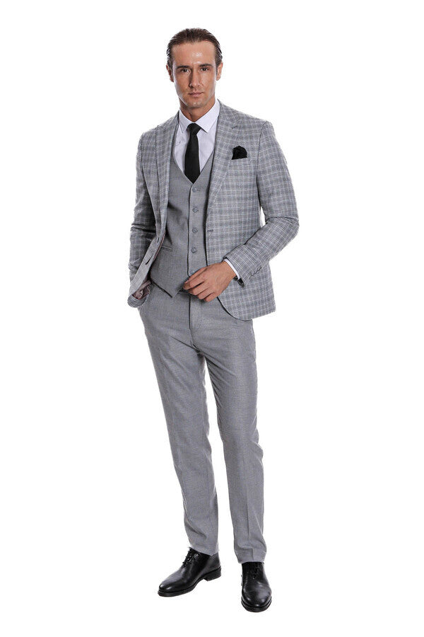 Traje de hombre gris claro de corte entallado y cuadros - Wessi