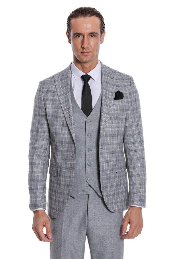 Traje de hombre gris claro de corte entallado y cuadros - Wessi