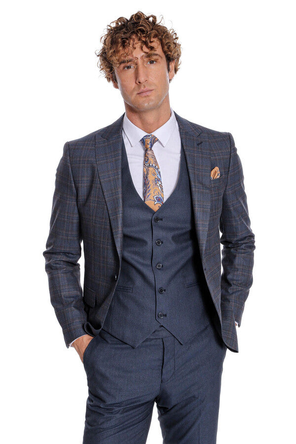 Traje azul marino de cuadros ajustado para hombre - Wessi