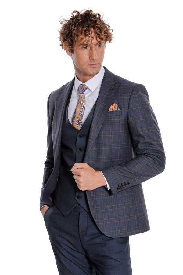 Traje azul marino de cuadros ajustado para hombre - Wessi