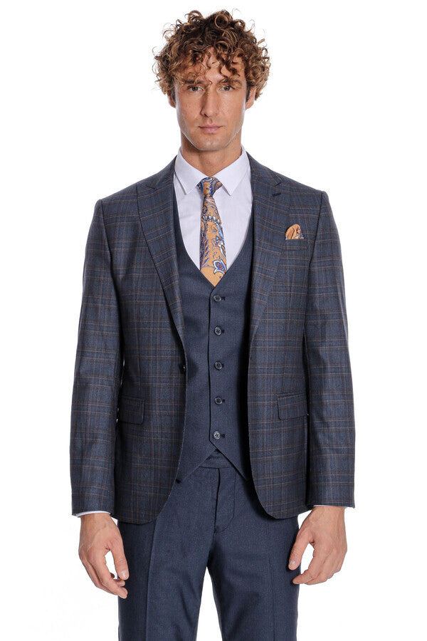 Traje azul marino de cuadros ajustado para hombre - Wessi