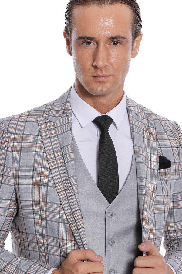 Traje de hombre gris claro de corte entallado y cuadros - Wessi