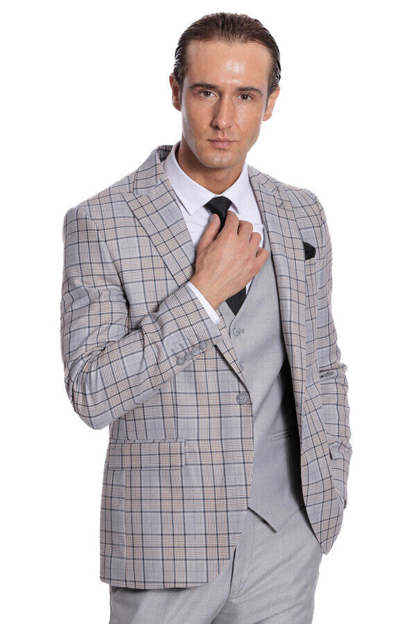 Traje de hombre gris claro de corte entallado y cuadros - Wessi