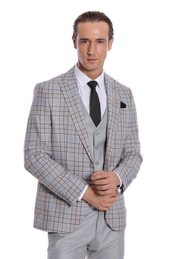 Traje de hombre gris claro de corte entallado y cuadros - Wessi