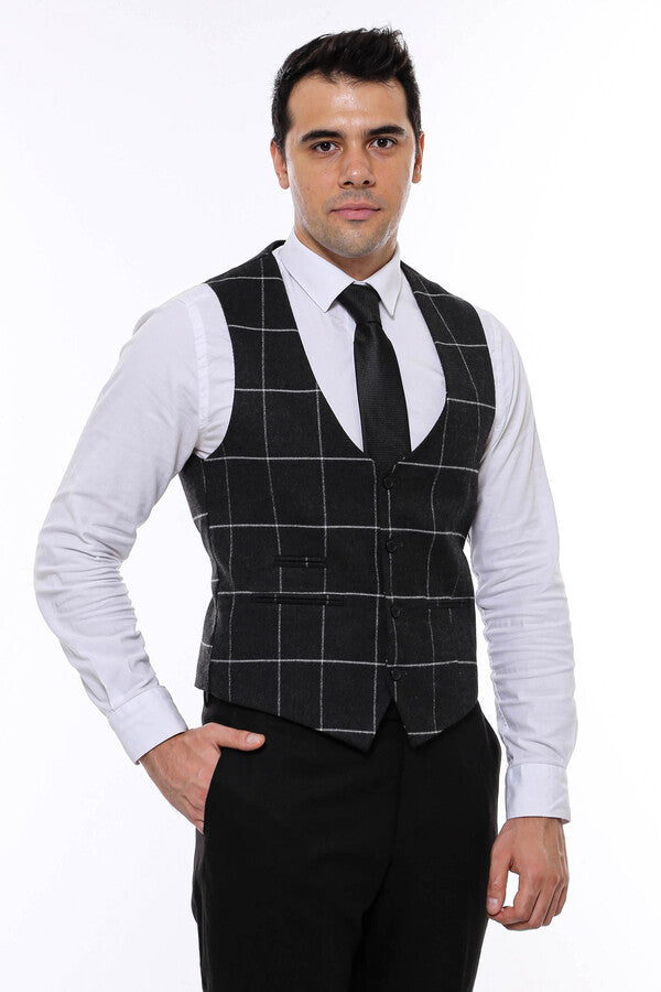 Chaleco de cuadros con escote en V en color antracita para hombre - Wessi