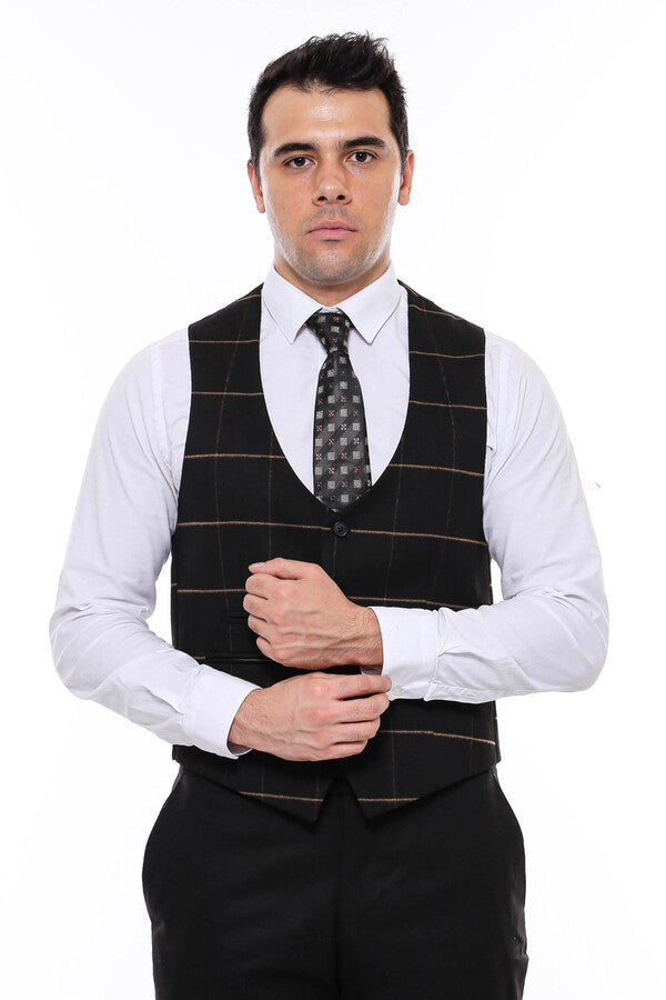 Chaleco negro de cuadros con escote en pico - Wessi