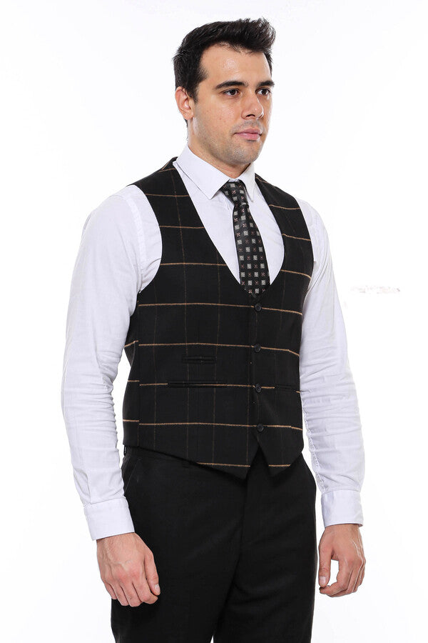 Chaleco negro de cuadros con escote en pico - Wessi