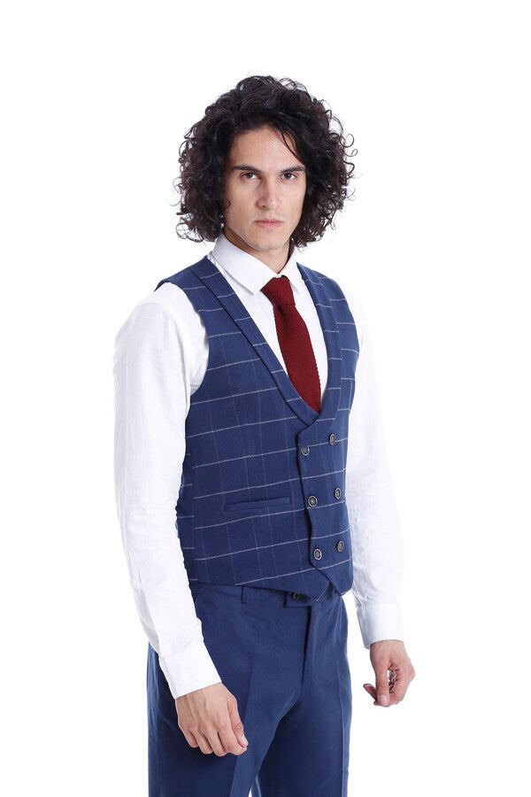 Conjunto de pantalón liso con chaleco a cuadros para hombre - Wessi
