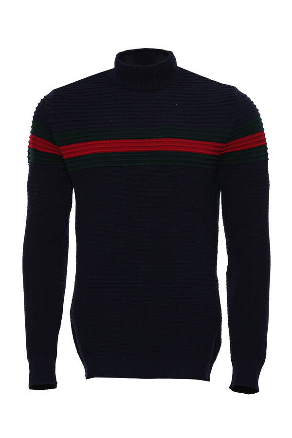 Chest Patterned Turtleneck Navy Blue Men Knitwear - Wessi