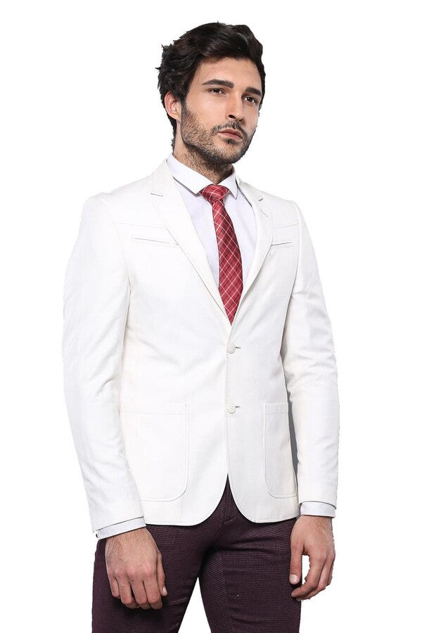 Chaqueta de lino color crema con detalle de cremallera en el pecho | Wessi