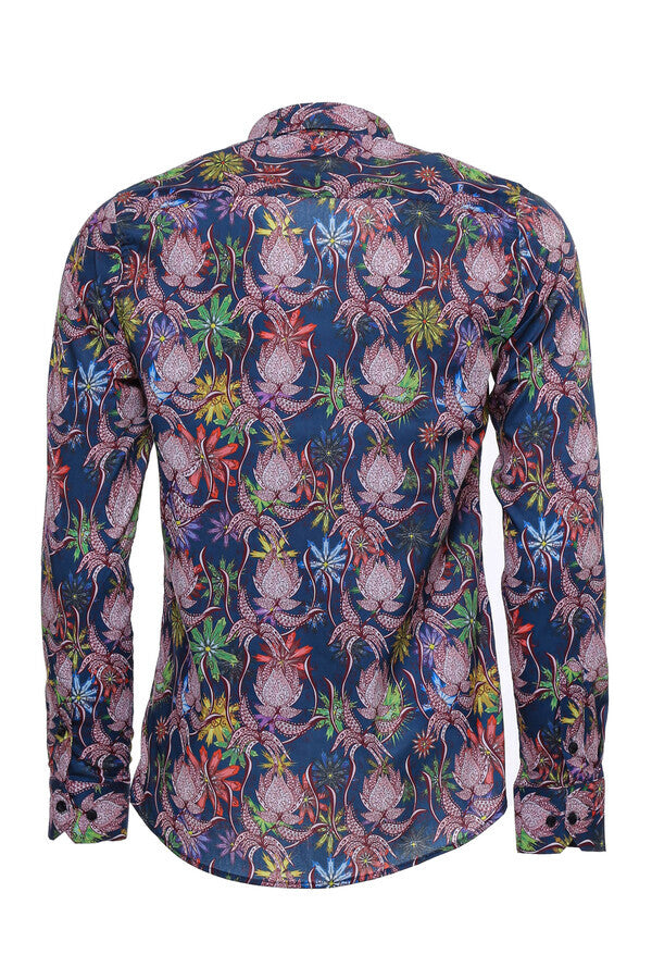 Colorful Floral Patterned Slim Fit Long Sleeves Navy Blue Men Shirt - Wessi