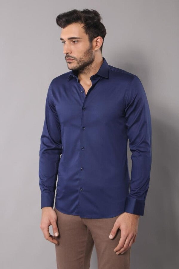 Cotton Satin Slim Fit Navy Blue Men Shirt - Wessi