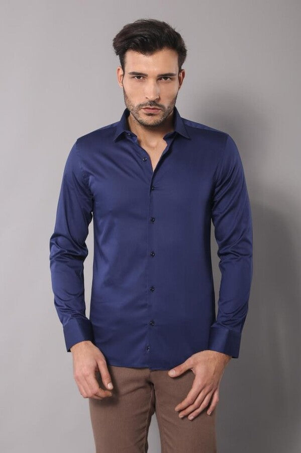 Cotton Satin Slim Fit Navy Blue Men Shirt - Wessi
