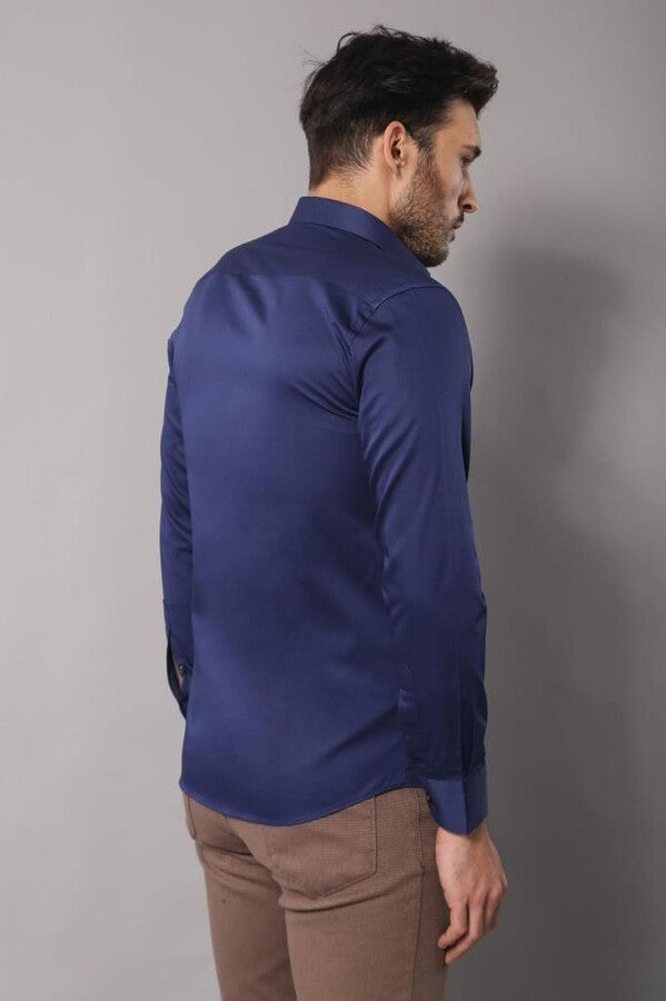 Cotton Satin Slim Fit Navy Blue Men Shirt - Wessi