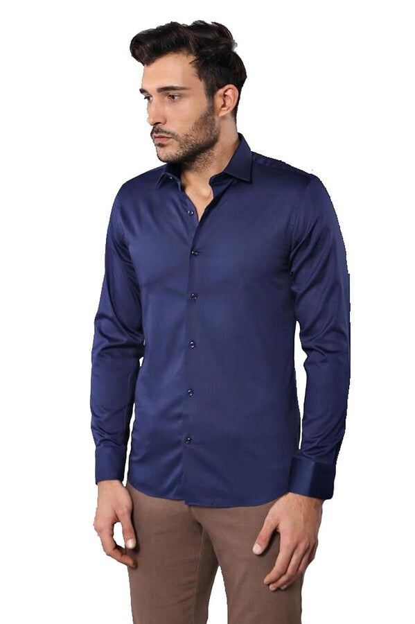 Cotton Satin Slim Fit Navy Blue Men Shirt - Wessi