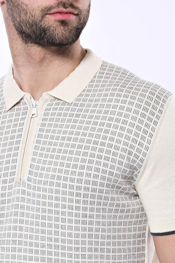 Camiseta de punto tipo polo con cremallera y cuadros color crema | Wessi