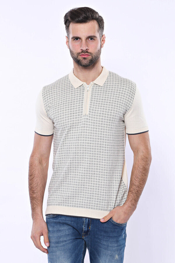 Camiseta de punto tipo polo con cremallera y cuadros color crema | Wessi