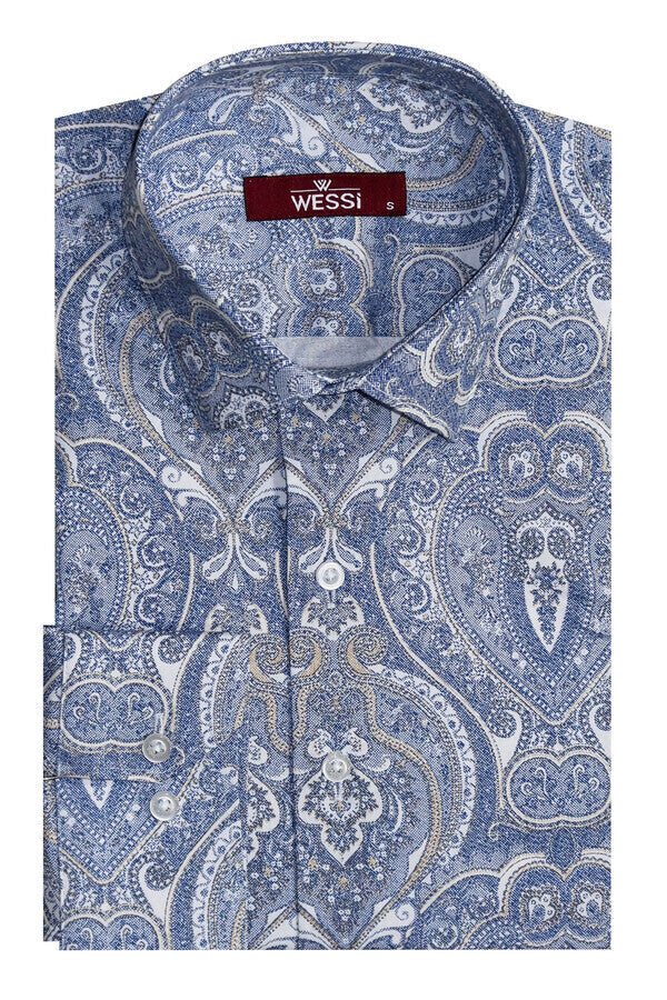 Damat Desenli Slim Fit Uzun Kollu Mavi Erkek Gömlek - Wessi