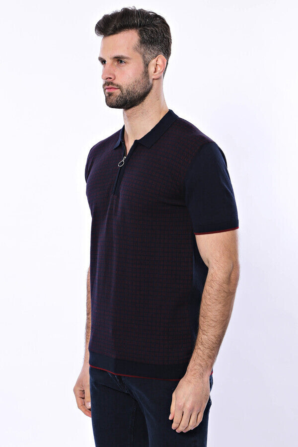 Polo de punto con cremallera y cuadros azul oscuro - Wessi