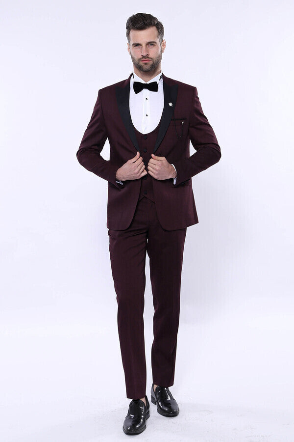 Detachable Lapel Burgundy Suit - Wessi