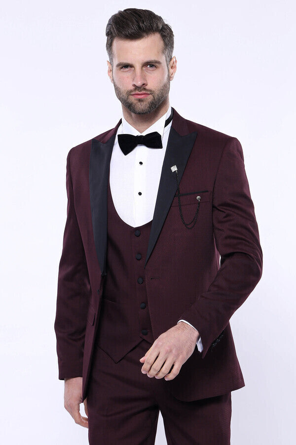 Detachable Lapel Burgundy Suit - Wessi