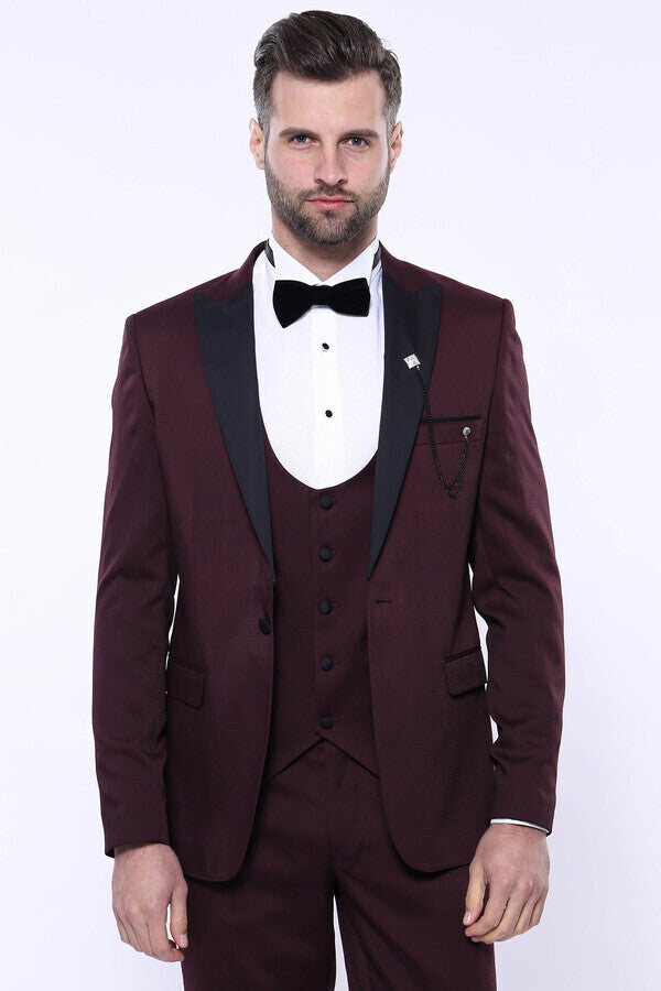 Detachable Lapel Burgundy Suit - Wessi