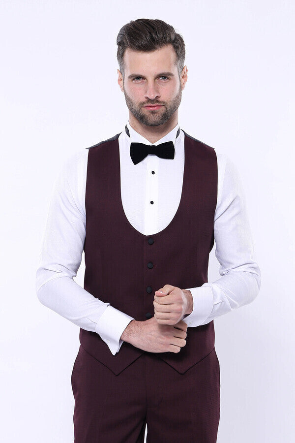 Detachable Lapel Burgundy Suit - Wessi