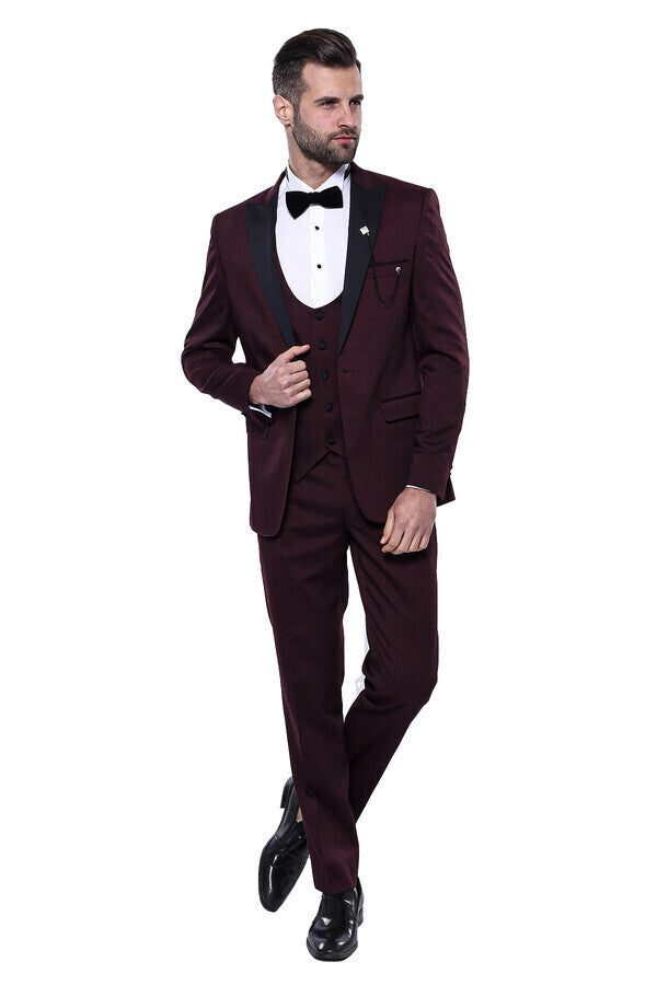 Detachable Lapel Burgundy Suit - Wessi