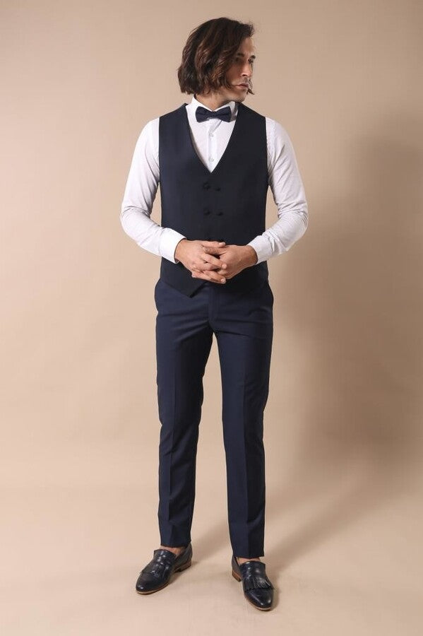 Dot Patterned Vested Dark Blue Wedding Suit | Wessi - Wessi