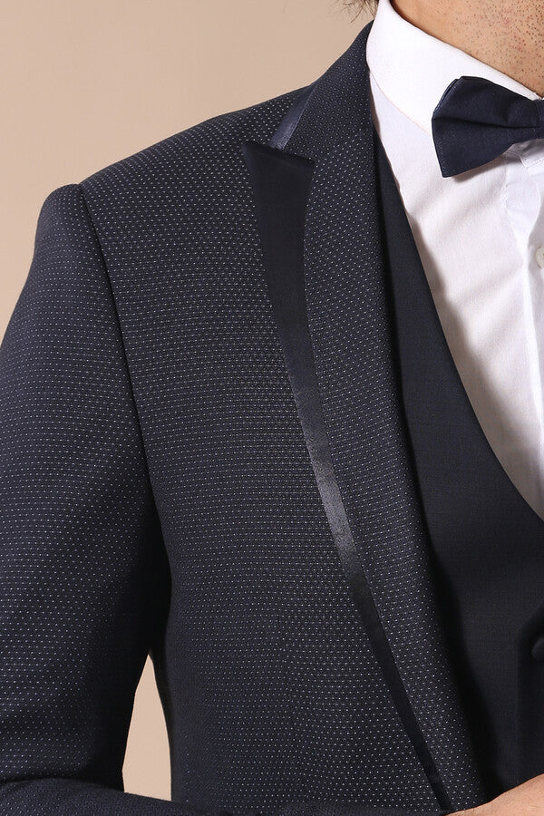 Dot Patterned Vested Dark Blue Wedding Suit | Wessi - Wessi