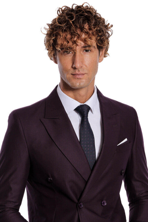 Traje morado de solapa ancha y cruzado para hombre - Wessi