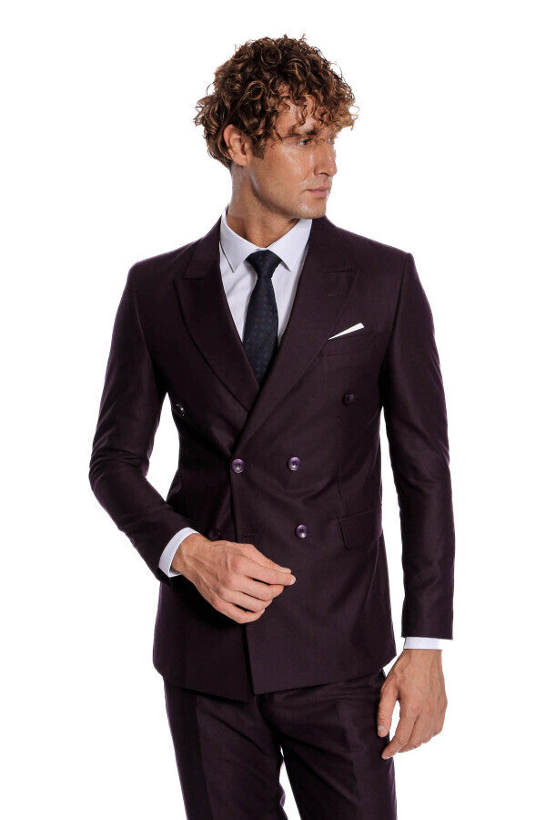 Traje morado de solapa ancha y cruzado para hombre - Wessi