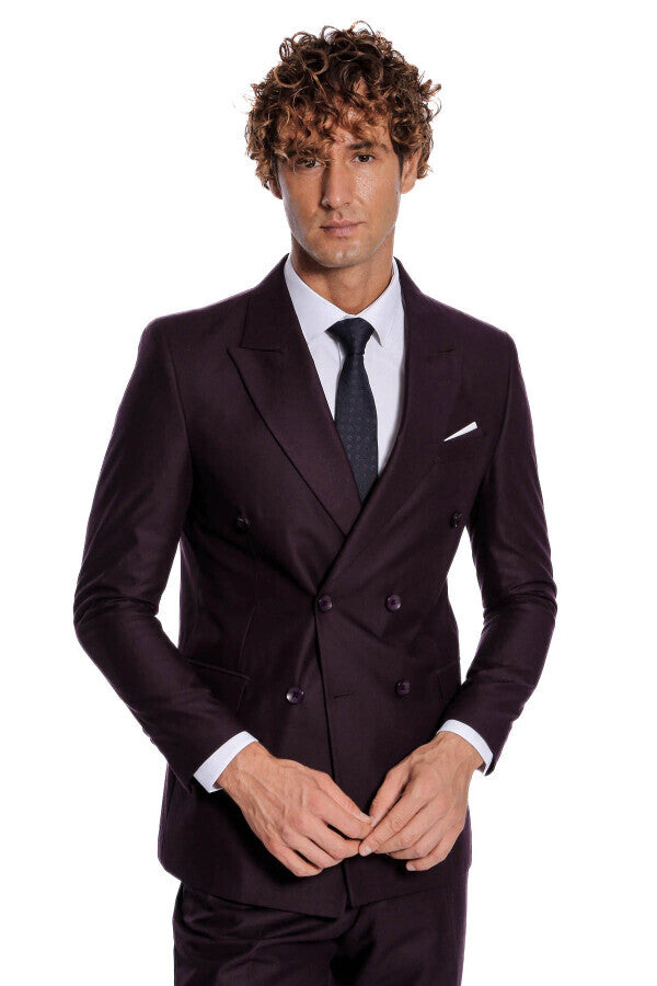 Traje morado de solapa ancha y cruzado para hombre - Wessi