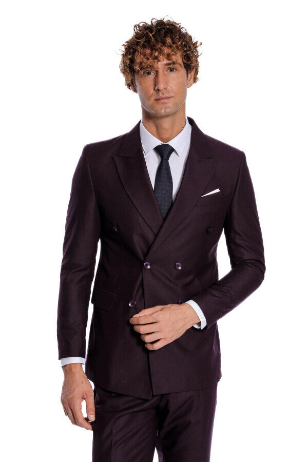 Traje morado de solapa ancha y cruzado para hombre - Wessi