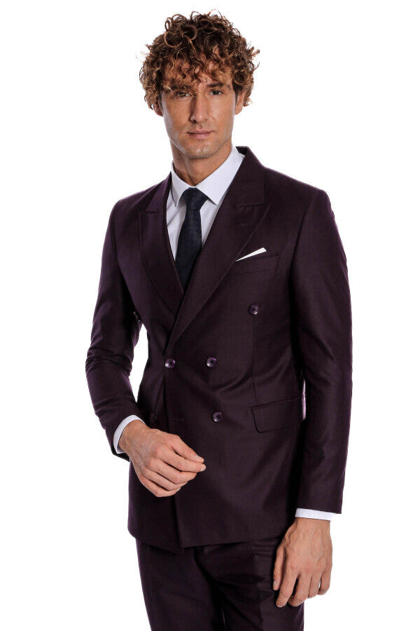 Traje morado de solapa ancha y cruzado para hombre - Wessi