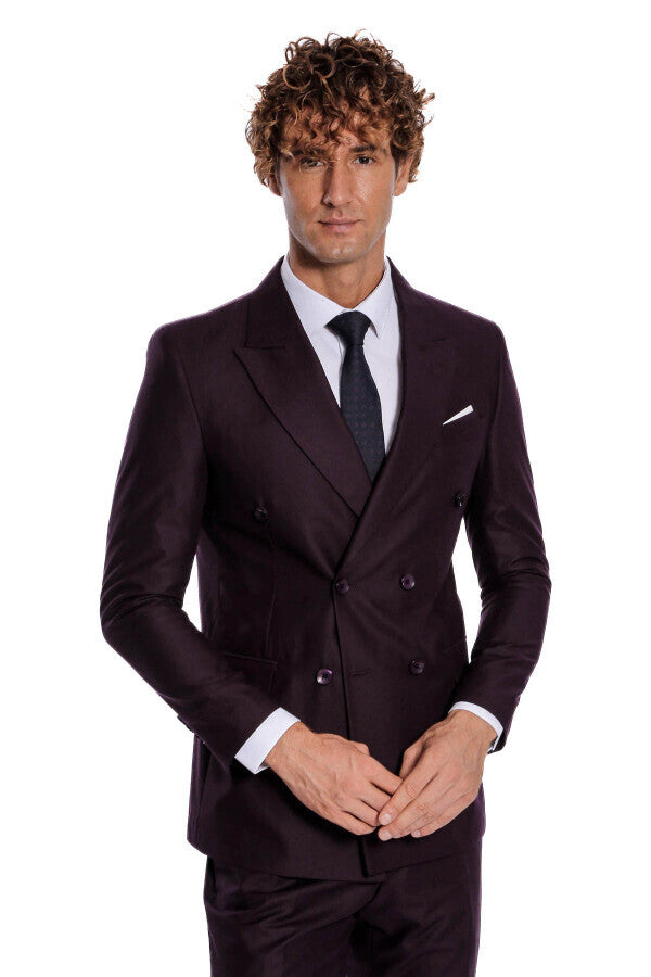 Traje morado de solapa ancha y cruzado para hombre - Wessi