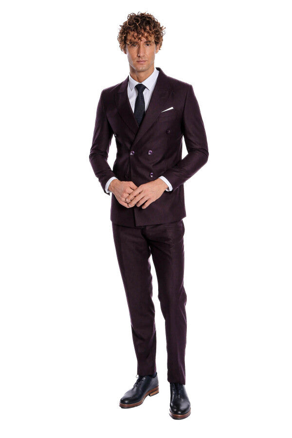Traje morado de solapa ancha y cruzado para hombre - Wessi