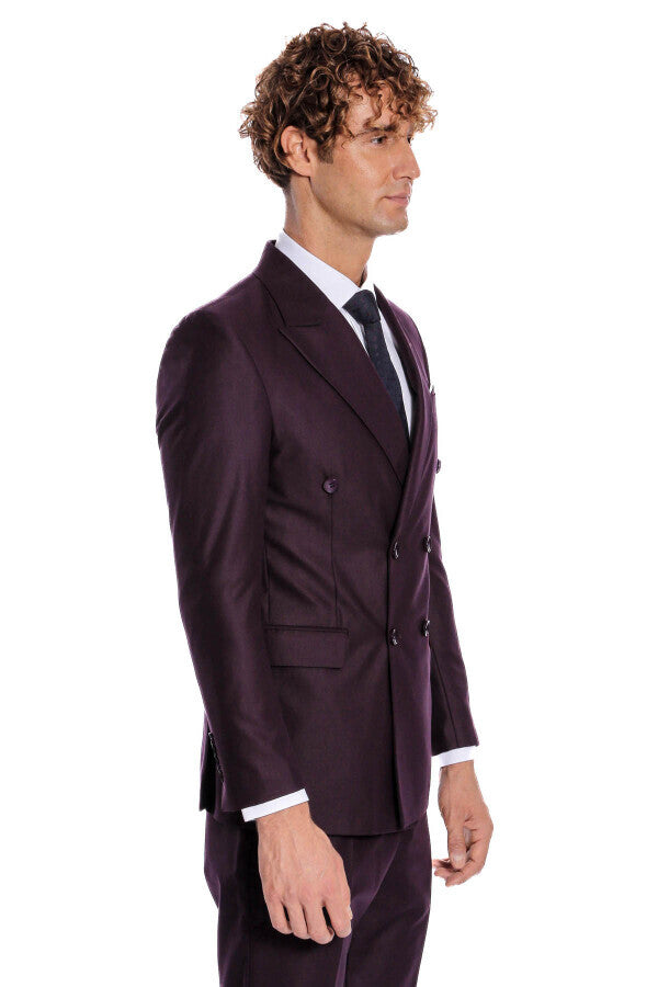 Traje morado de solapa ancha y cruzado para hombre - Wessi