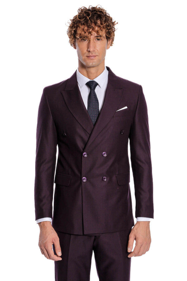 Traje morado de solapa ancha y cruzado para hombre - Wessi