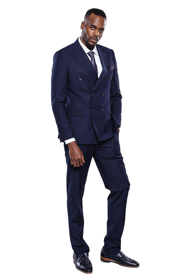Traje azul marino de corte entallado y cruzado para hombre - Wessi