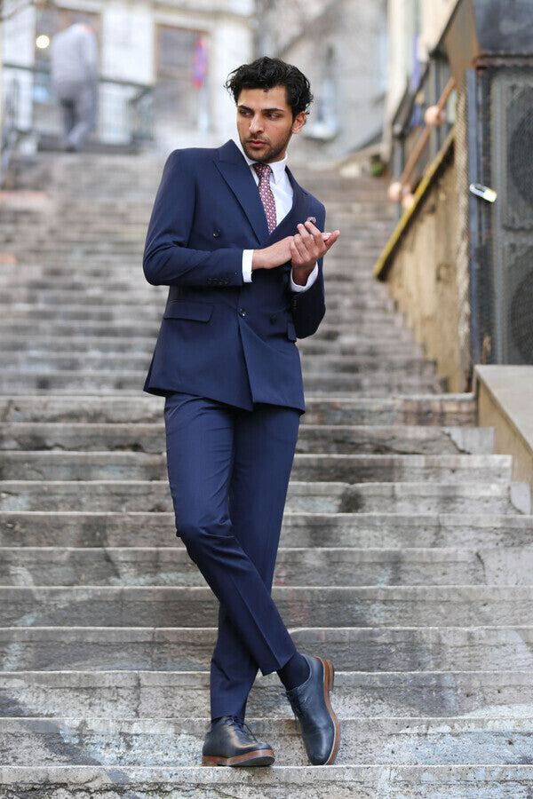 Traje azul marino de corte entallado y cruzado para hombre - Wessi