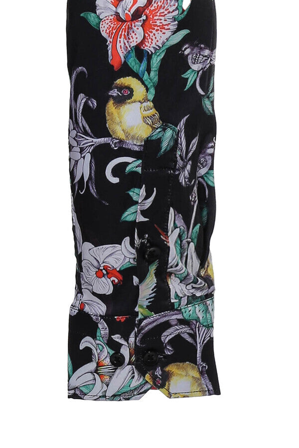 Camisa ajustada de manga larga con estampado floral para hombre, color negro - Wessi