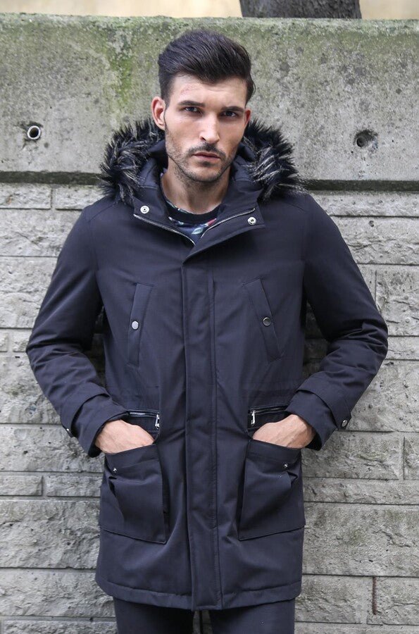 Fur Hooded Black Men Coat - Wessi
