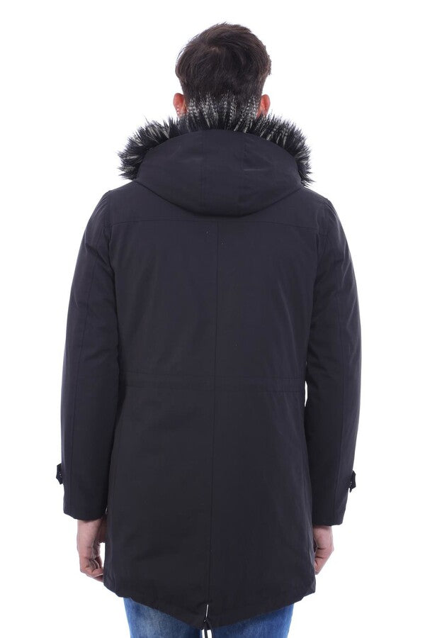Fur Hooded Black Men Coat - Wessi