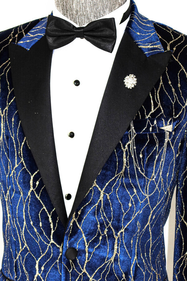 Blazer de fiesta para hombre azul marino con estampado dorado - Wessi