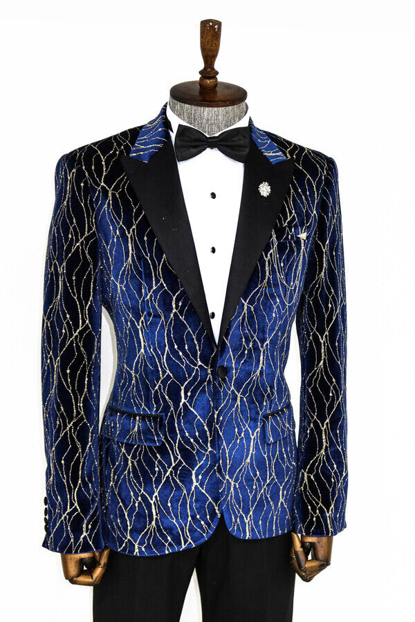 Blazer de fiesta para hombre azul marino con estampado dorado - Wessi