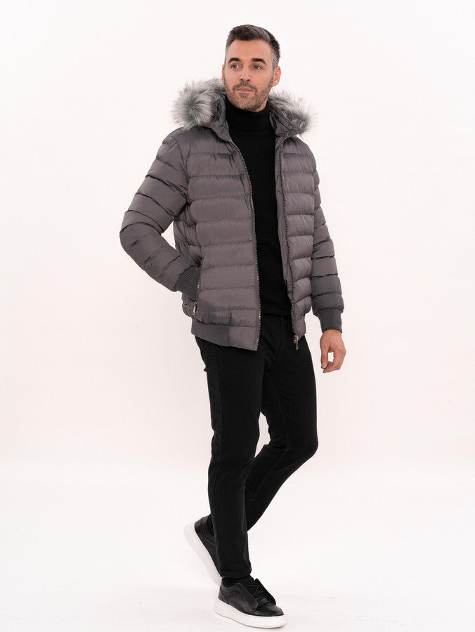 Grey Men's Puffer Coat with Fur - Wessi