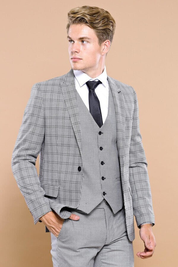 Traje de hombre con chaleco a cuadros grises | Wessi