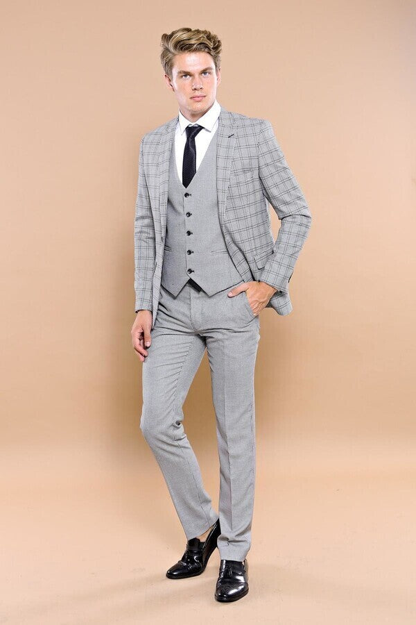 Traje de hombre con chaleco a cuadros grises | Wessi